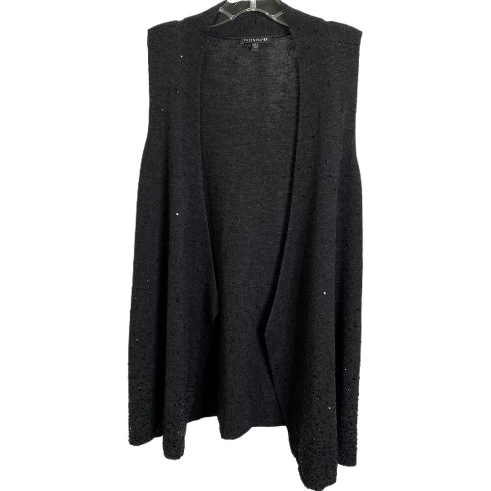 Eileen Fisher Women's Sz L Vest/Sweater Gray Open Front‎ 100% Wool with sequins